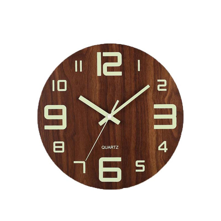 Wooden wall clock with white numbers and hands on a white background
