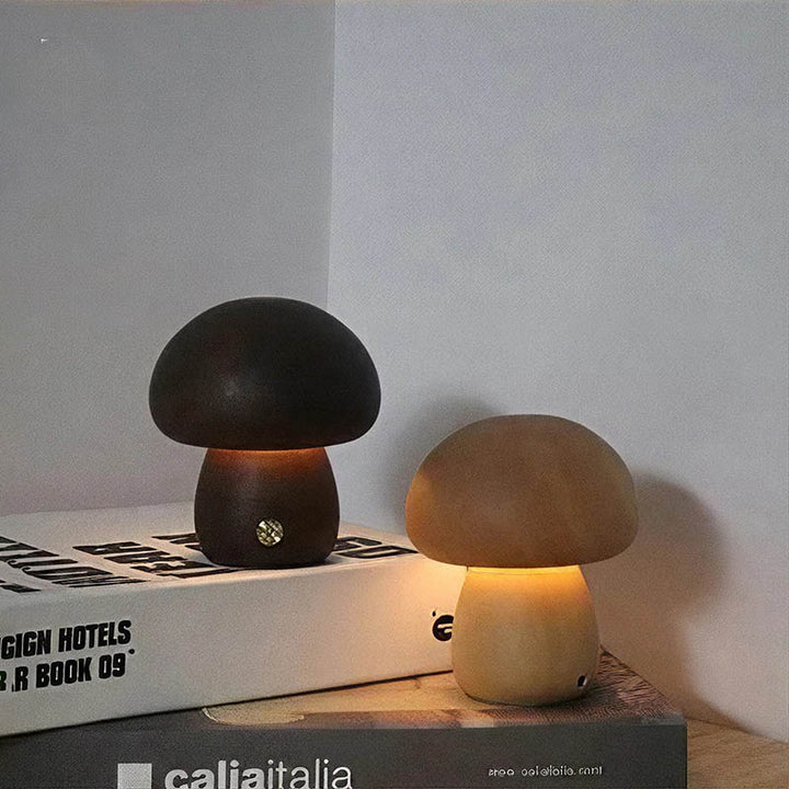 TRAESVAMP wooden mushroom LED night lights in dark and light brown, touch switch, compact bedside or shelf decor lighting