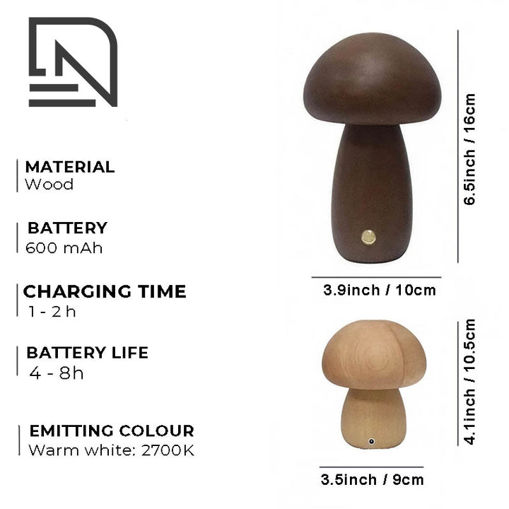 Wooden mushroom night light with touch switch, with specifications