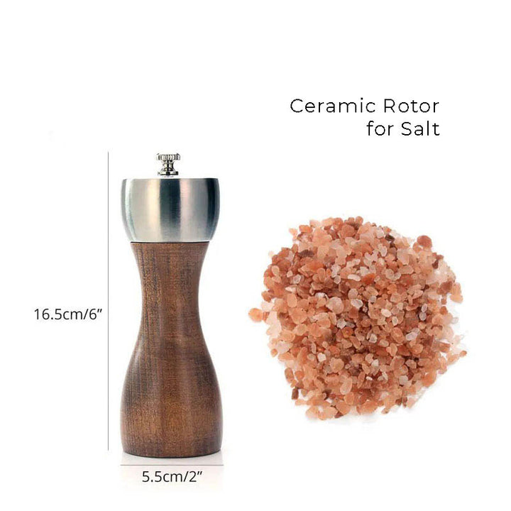 16.5cm salt mill, natural wood, ceramic mechanism, compact adjustable salt grinder