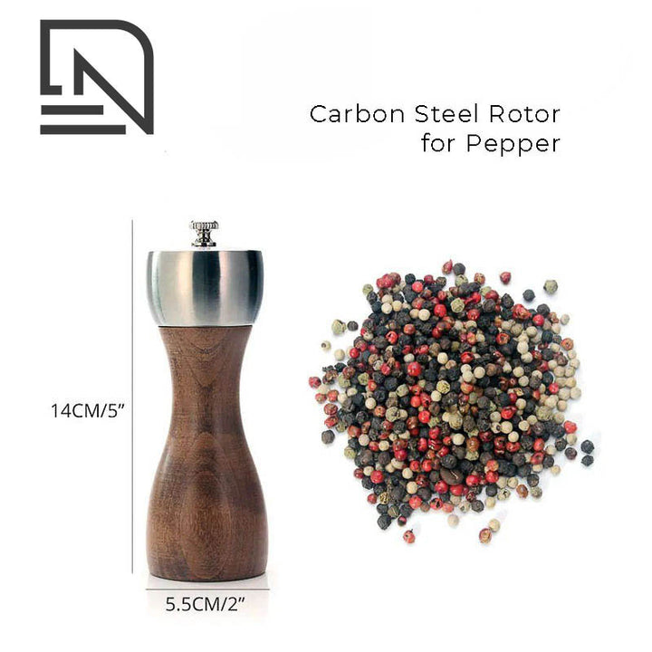 14cm pepper mill, natural beech wood, carbon steel grinder, small adjustable pepper grinder