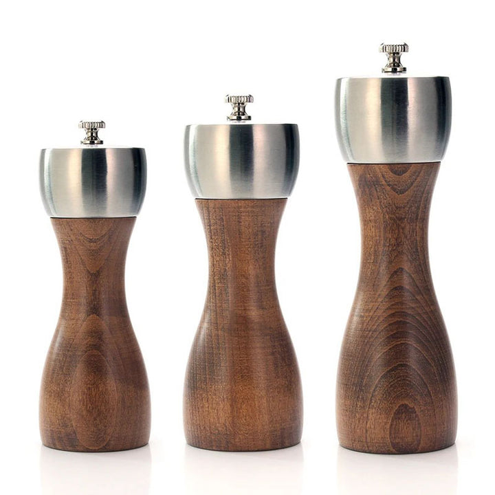 KVAERN beech wood grinder set, three sizes with stainless steel tops, ideal for salt, pepper, and spices