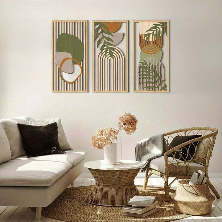 Modern living room with abstract wall art, a sofa, and a wicker chair.