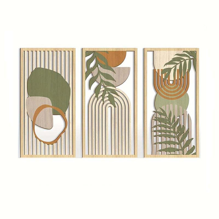 Three wall art abstract art prints with geometric shapes and leaf designs on a white background