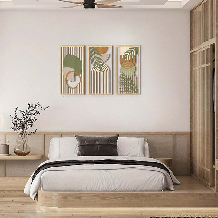 Modern bedroom with a bed, nightstands, and wall art.