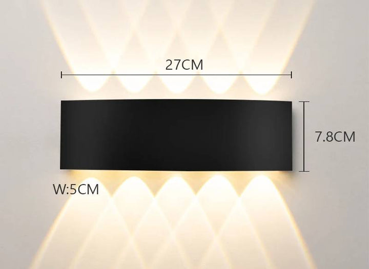 10-head black aluminum modern LED wall light, 27cm wide, up-down effect for architectural glow