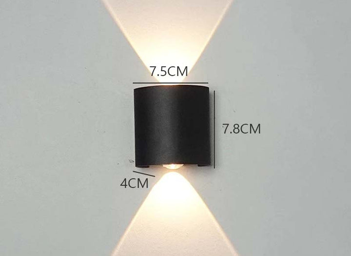 2-head black aluminum modern LED wall light, 7.5cm wide, up-down light effect for indoor/outdoor