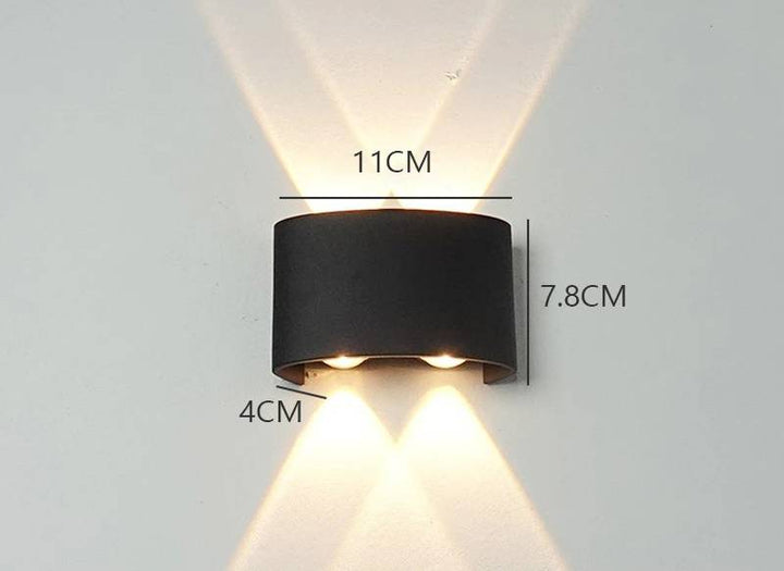 4-head black aluminum modern LED wall light, 11cm wide, weatherproof for patio or hallway