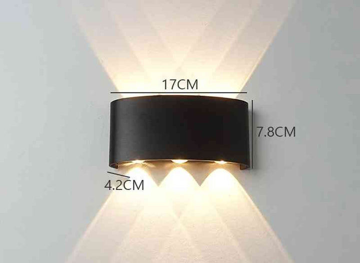 6-head black aluminum modern LED wall light, 17cm wide, IP65 rated for garden walls