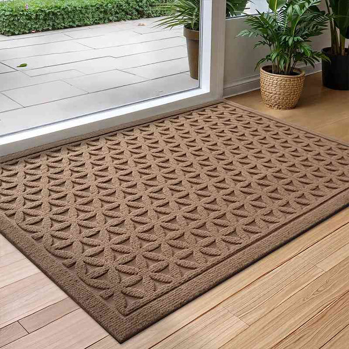 Brown Geometry doormat with a non-slip rubber base, a stylish Scandinavian rug designed for versatile home styling.