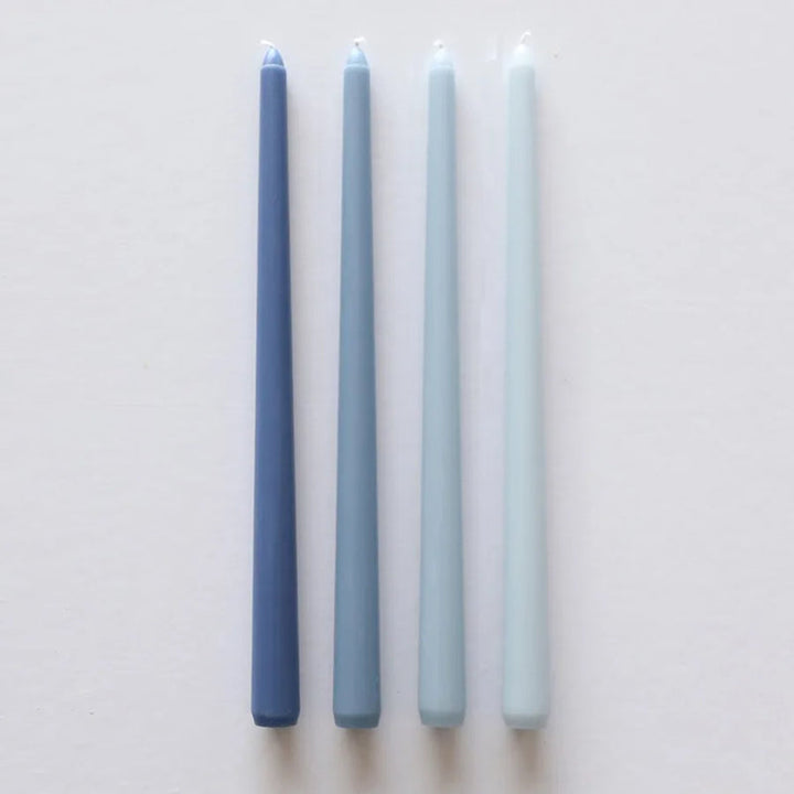 Blue gradient wax taper candles set, four shades, dripless smokeless for modern table décor