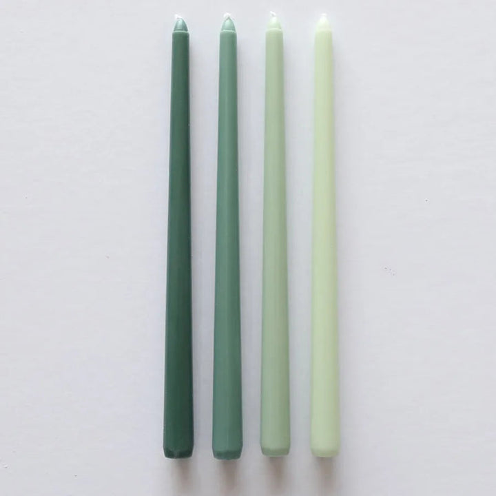 Green gradient wax taper candles set, four shades, dripless smokeless for dining or mantel