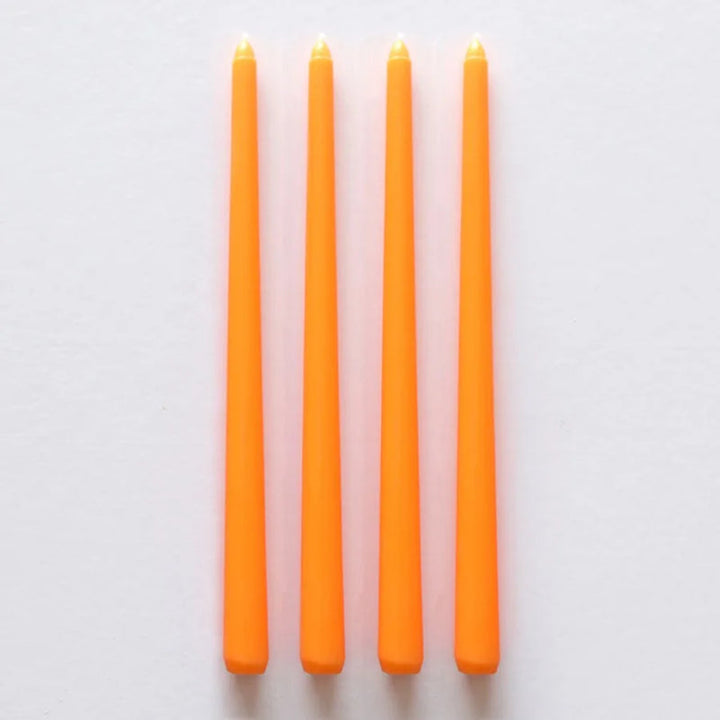 Bright orange wax taper candles set of 4, dripless smokeless, dinner party décor