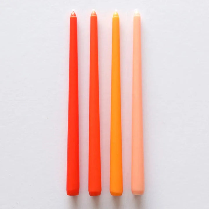 Red, coral, orange and peach wax taper candles, set of 4, dripless smokeless, party décor