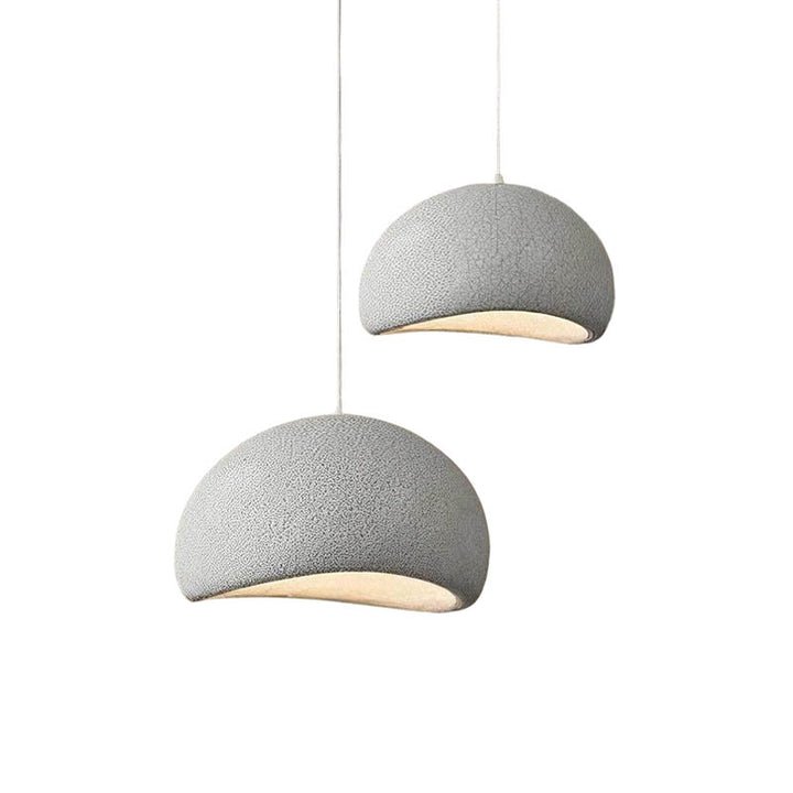 Two grey dome-shaped HAETTE LED pendant lights with textured surface and soft white interior for modern home decor