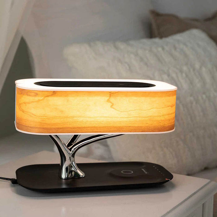 Cherry wood LED bedside lamp nightstand lamp with warm LED light and built-in Bluetooth speaker for bedroom use