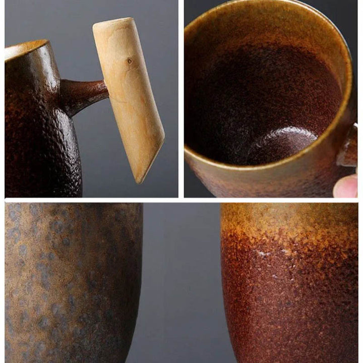 Close-up details of rustic ceramic tea cup set with wooden handle, natural brown glaze and textured finish