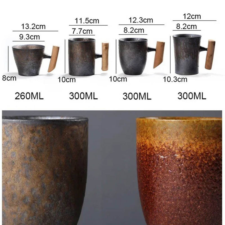 Size comparison chart of rustic ceramic mugs with wooden handles, 260ml and 300ml capacity, Nordic Essentials UK
