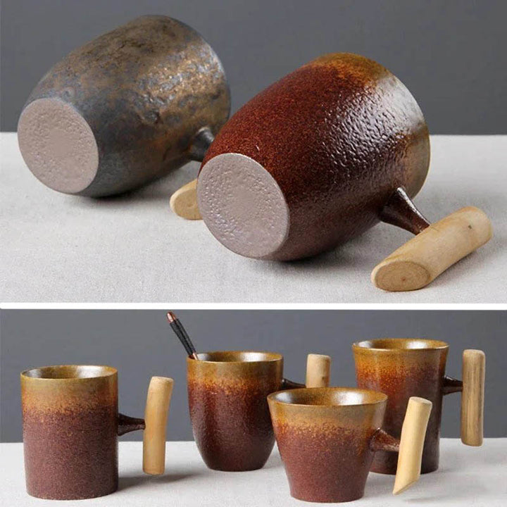 Style comparison chart of rustic ceramic mugs with wooden handles, 260ml and 300ml capacity, Nordic Essentials Store UK