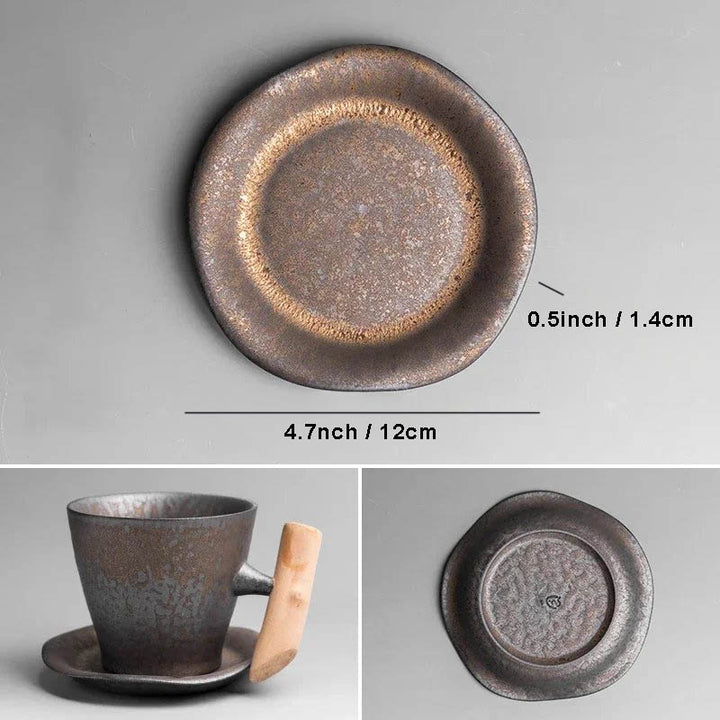 Rustic ceramic tea saucer 12cm with natural glaze and textured finish, matching wooden handle cup set.