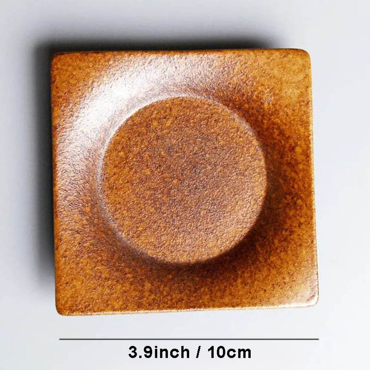 Square rustic ceramic saucer 3.9 inch brown glaze for tea cups, from Cosy Sips tea set with wooden handle mugs