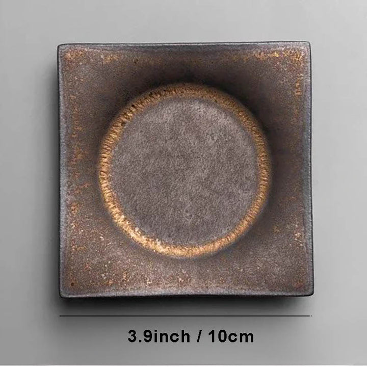 Dark grey square ceramic saucer 3.9 inch with rustic brown edges, part of Cosy Sips tea cup set with wooden handle