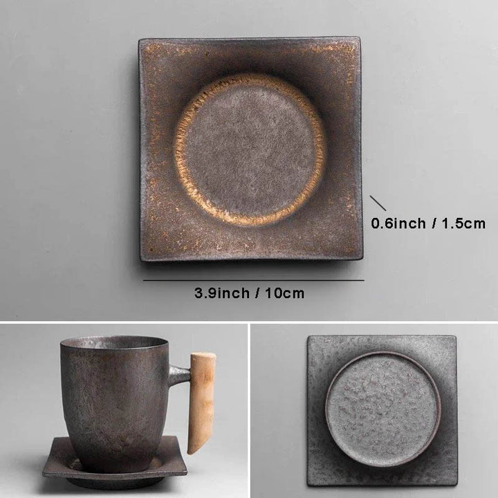  Square rustic ceramic saucer 3.9 inch with 0.6 inch height, grey glaze, fits Cosy Sips tea cup with wooden handle